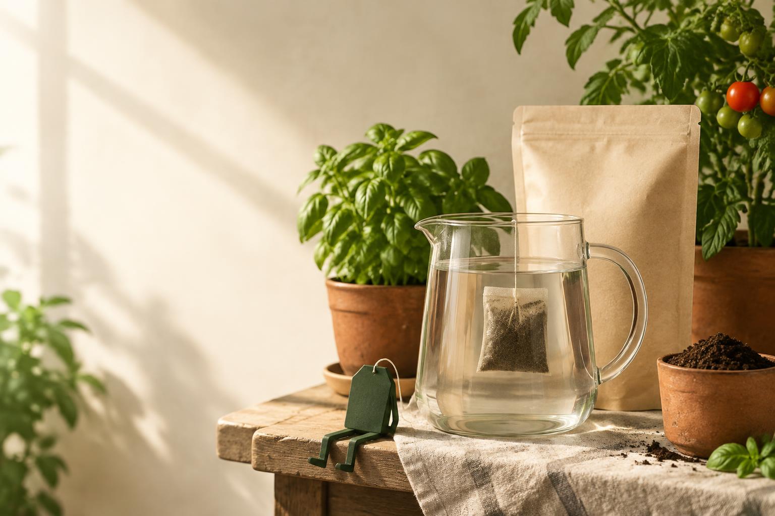 A compost tea sachet steeping in a clear pitcher beside healthy garden plants